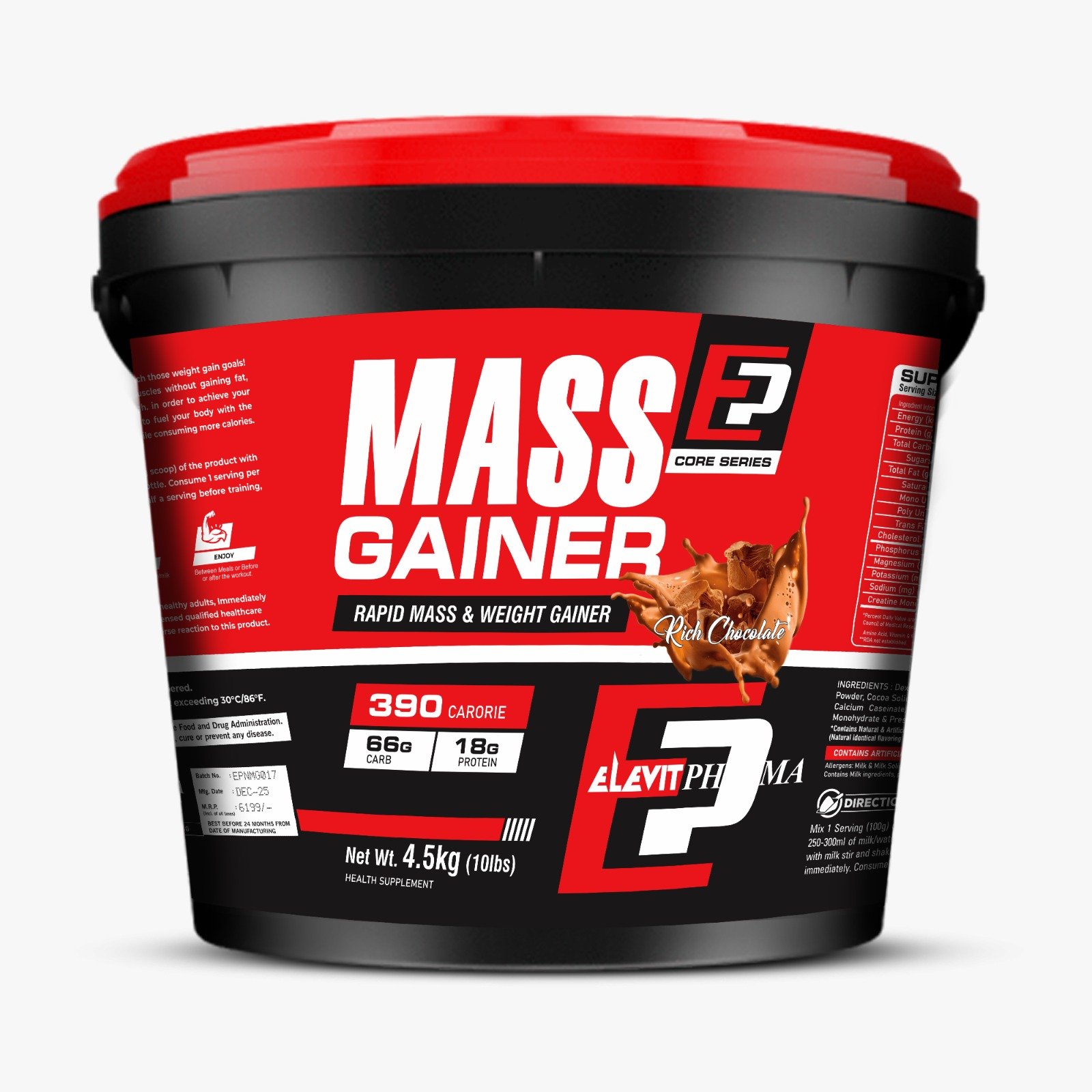 Elevit Pharma Mass E2 Core Series Mass Gainer Rich Chocolate 4.5 kg Weight Gainer Supplement